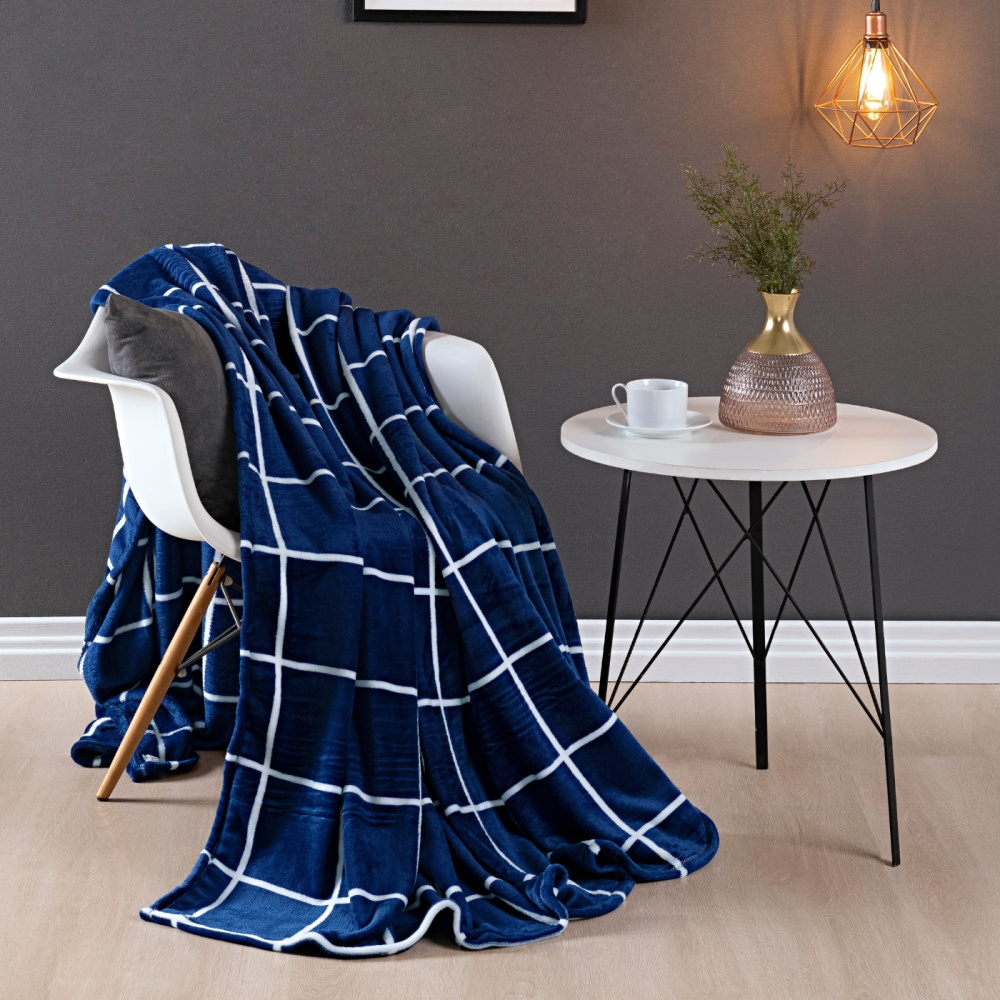 Cobertor Manta Flannel Casal 2,20x1,80m 220g/m² Toque Super Soft Lisboa Grid Azul Marinho - imagem 2