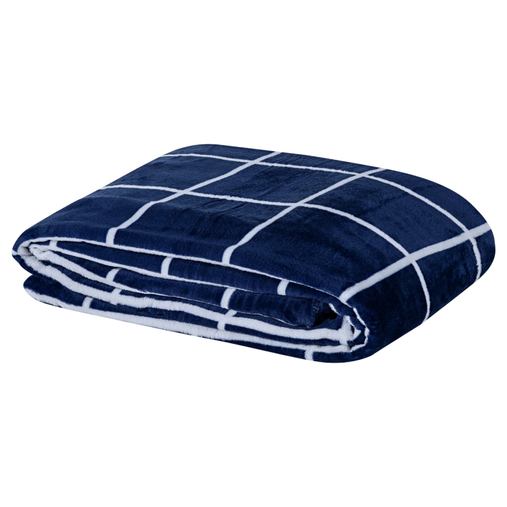 Cobertor Manta Flannel Queen 2,40x2,20m 220g/m² Toque Super Soft Lisboa Grid Azul Marinho