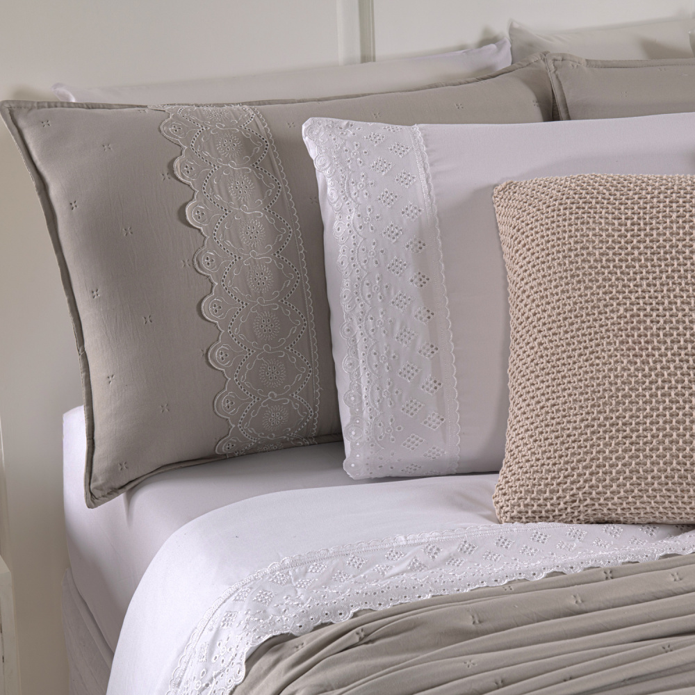 Kit Cama Posta King Serena 10 Peças Percal 300 Fios Bordado Inglês Branco/Fendi/Marfim - 2