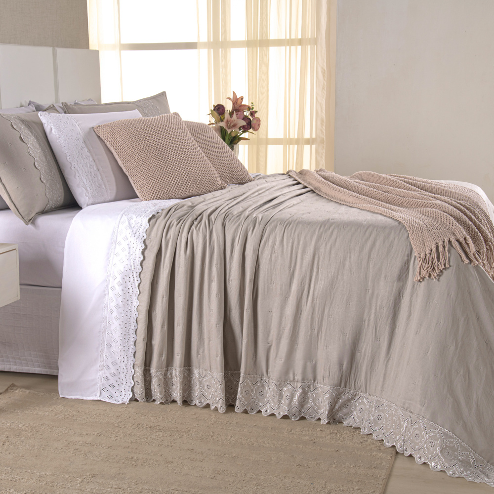 Kit Cama Posta King Serena 10 Peças Percal 300 Fios Bordado Inglês Branco/Fendi/Marfim - 3