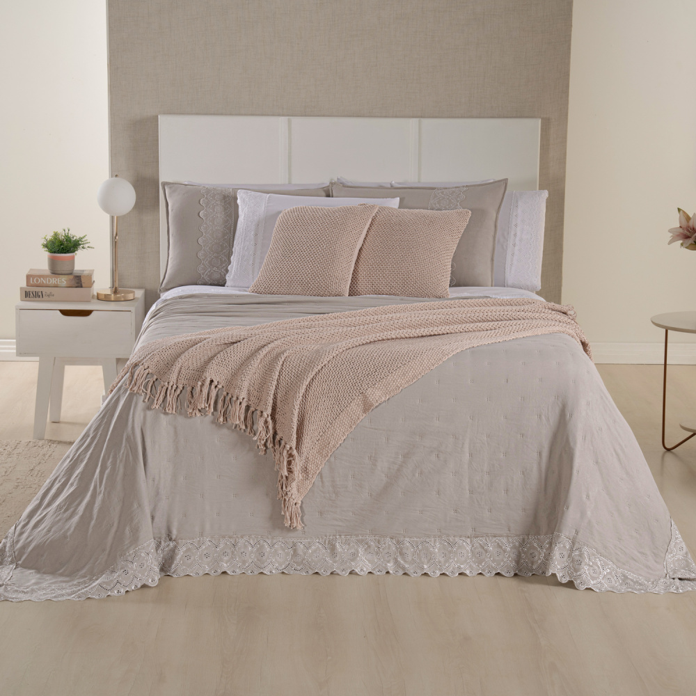 Kit Cama Posta King Serena 10 Peças Percal 300 Fios Bordado Inglês Branco/Fendi/Marfim - 5