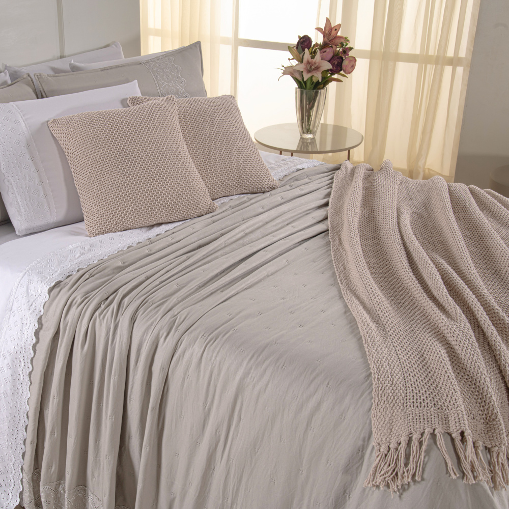 Kit Cama Posta King Serena 10 Peças Percal 300 Fios Bordado Inglês Branco/Fendi/Marfim - 6