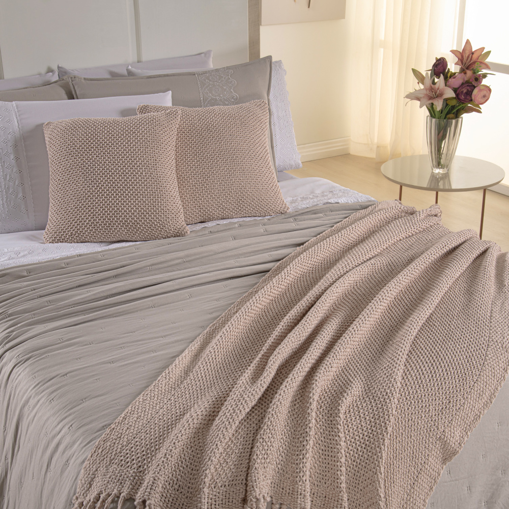 Kit Cama Posta King Serena 10 Peças Percal 300 Fios Bordado Inglês Branco/Fendi/Marfim - 7