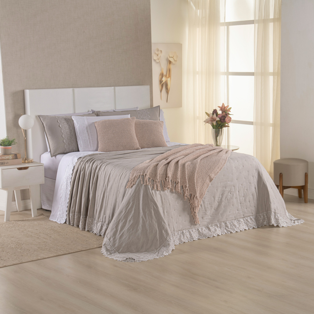 Kit Cama Posta Queen Serena 10 Peças Percal 300 Fios Bordado Inglês Branco/Fendi/Marfim