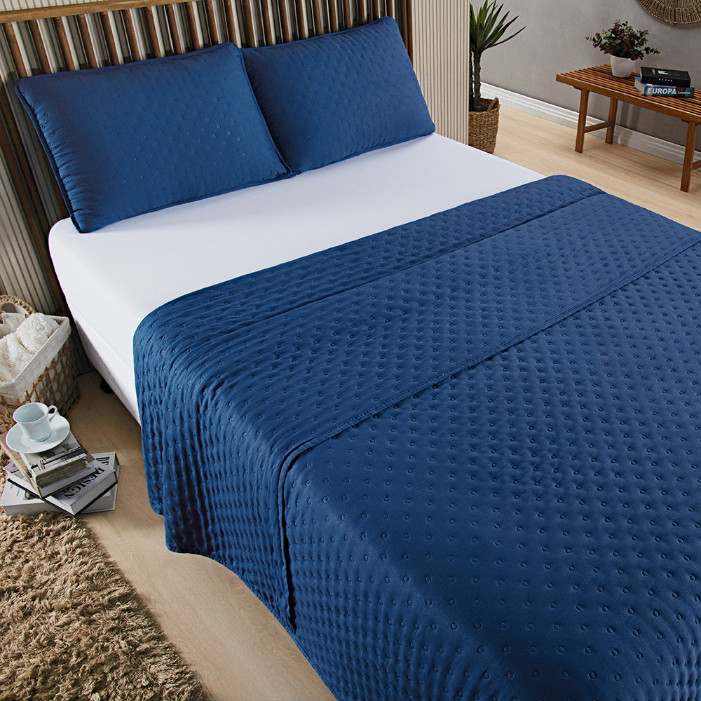 Kit Cobre Leito Colcha Queen 3 Peças Matelado Dupla Face Dots 300 Fios Azul Marinho - imagem 2