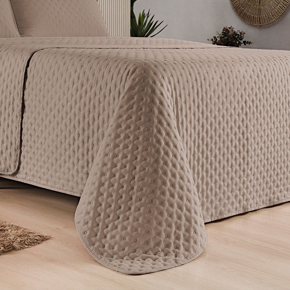 Kit Cobre Leito Colcha Queen 3 Peças Matelado Dupla Face Dots 300 Fios Cáqui - 3