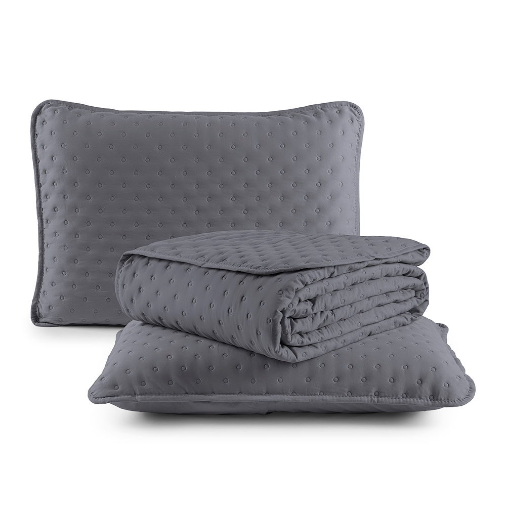 Kit Cobre Leito Colcha Queen 3 Peças Matelado Dupla Face Dots 300 Fios Cinza