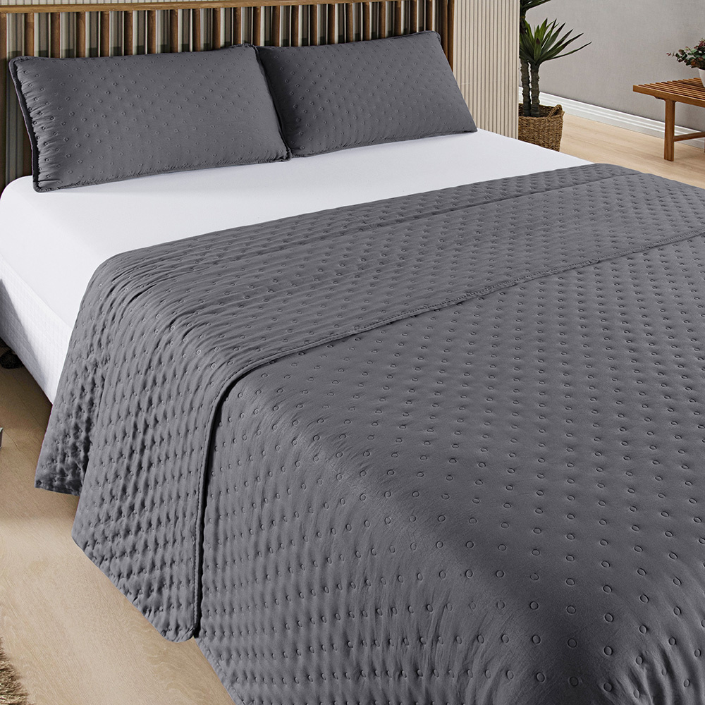 Kit Cobre Leito Colcha Queen 3 Peças Matelado Dupla Face Dots 300 Fios Cinza - imagem 2