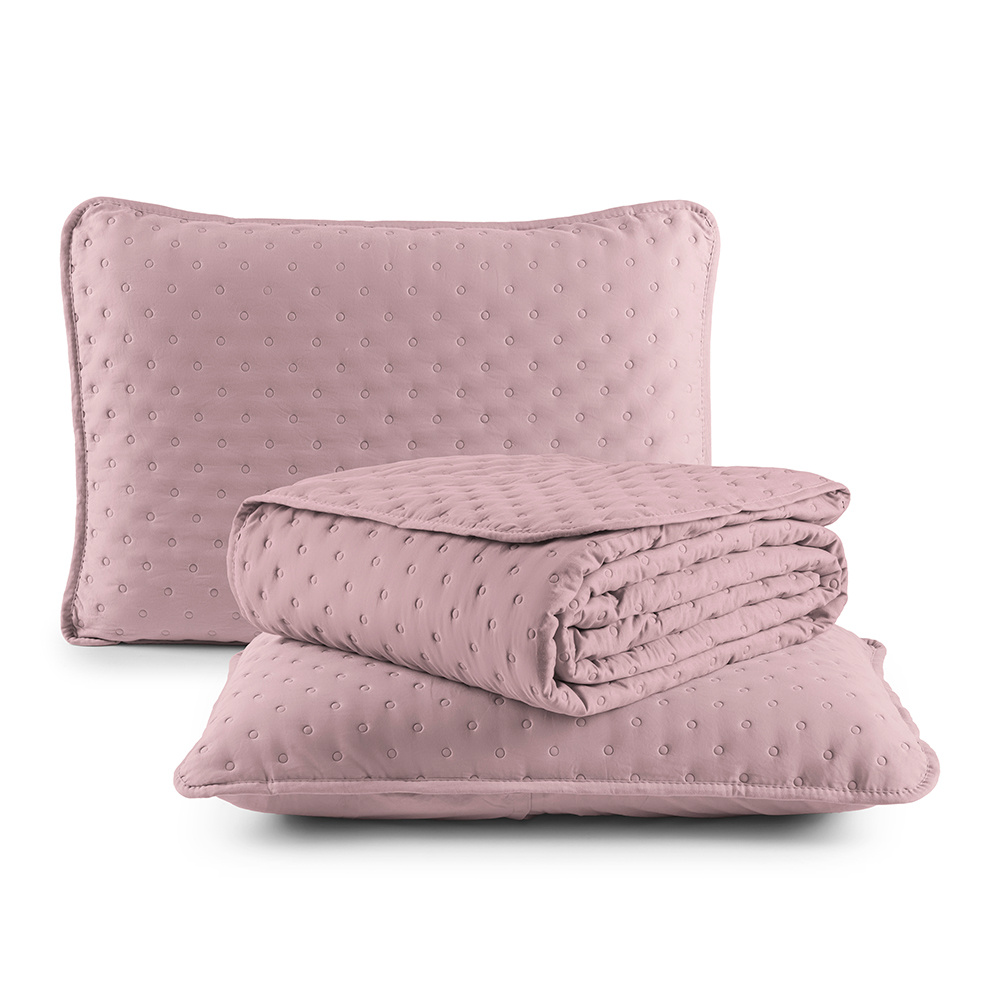Kit Cobre Leito Colcha Queen 3 Peças Matelado Dupla Face Dots 300 Fios Rose