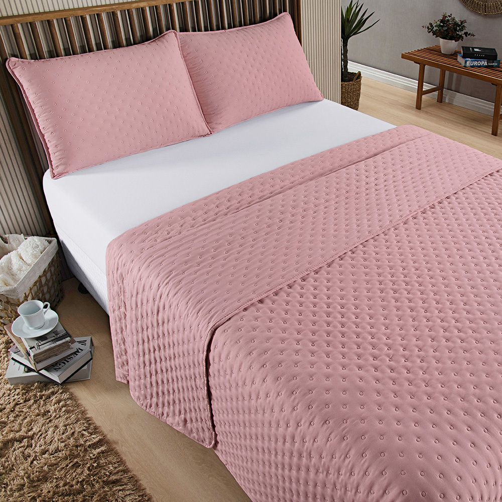 Kit Cobre Leito Colcha Queen 3 Peças Matelado Dupla Face Dots 300 Fios Rose - imagem 2