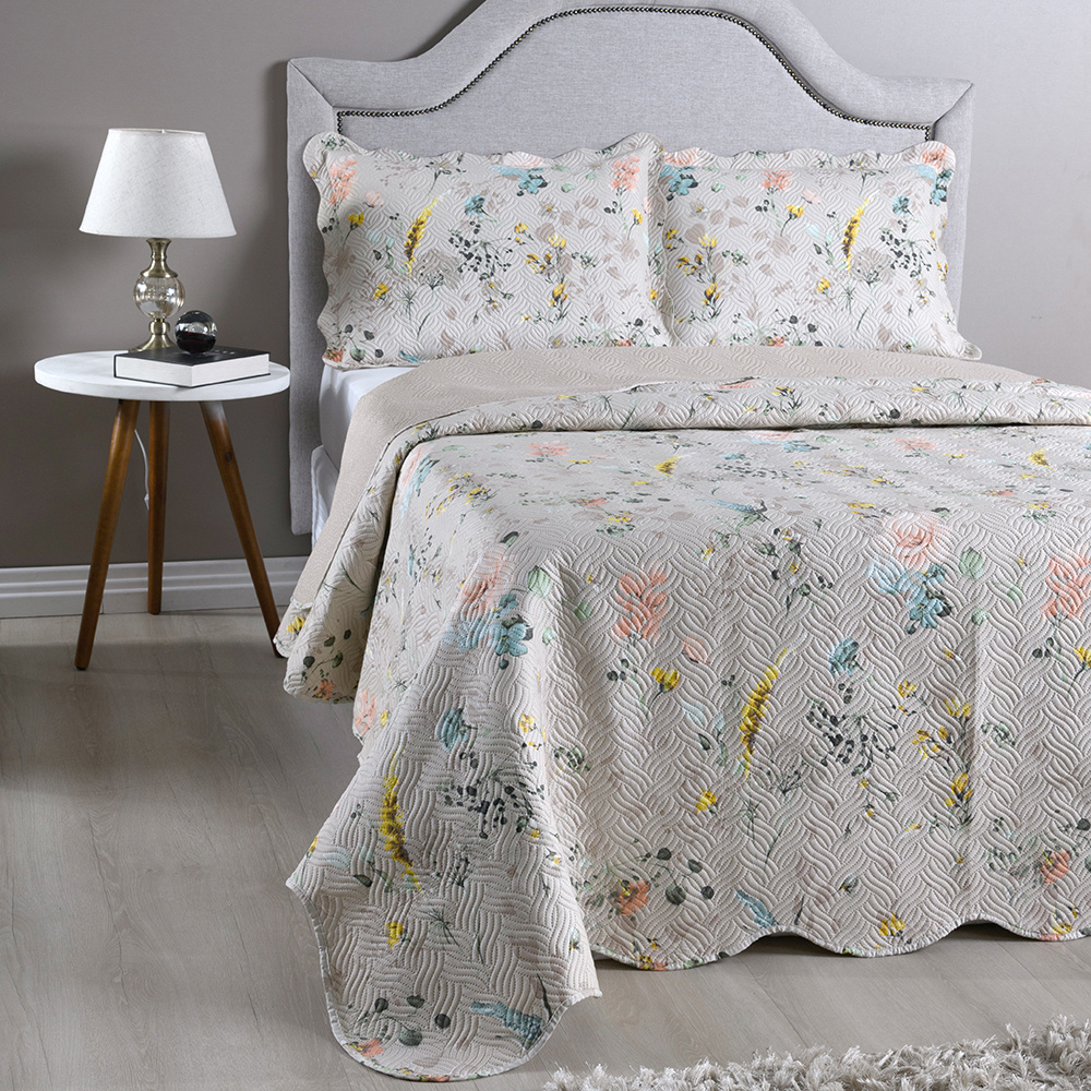 Kit Colcha Cobre Leito King 3 Peças 150 Fios Matelado Boutis Estampada Dupla Face Cartagena Areia